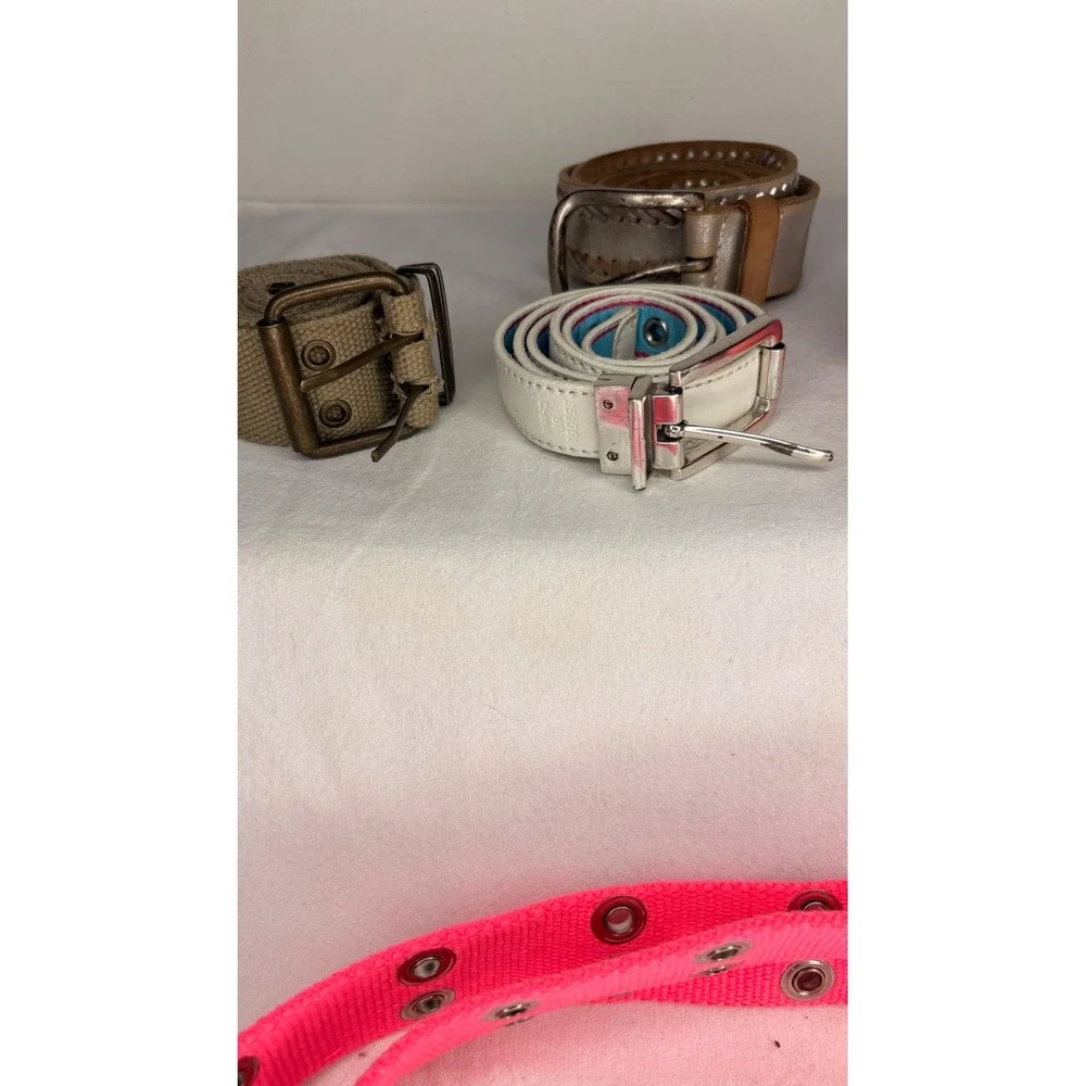 Lot of 5 Womens Belts Neon Pink Grommet Martinis & More Striped Metallic Silver